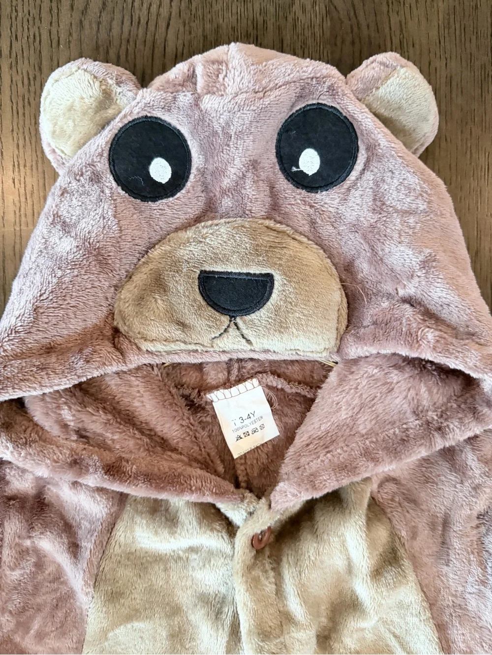 Brand New Kids 3/4T Bear Hooded Plush One-Piece Pajamas - Light Brown
